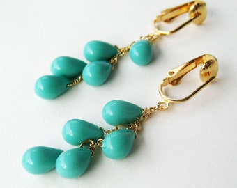 Turquoise Clip On Earrings, Glass Teardrop Cascade, Gold Clip Earrings, Sky Blue Smooth Glass Drops, Gold Chain Clipons, Handmade, Georgia