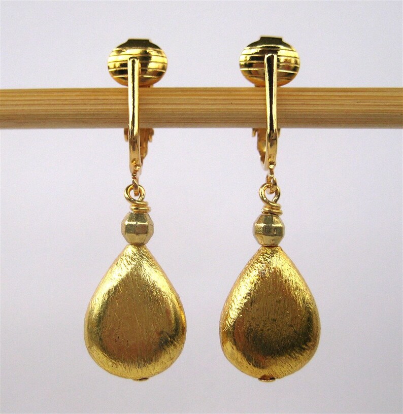 Brushed Gold Teardrop Clip on Earrings Gold Teardrop Clipons Etsy