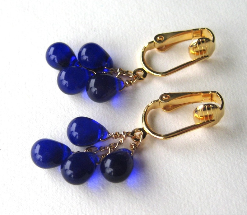 Navy Blue Clip on Earrings Ultramarine Glass Teardrop Clipons Etsy
