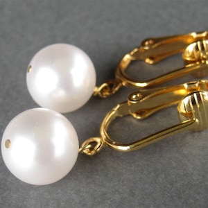 White Pearl Clip On Earrings, Gold Ear Clips, Classic Clip Earrings, Large Pearl Dangle Clipons, Handmade, Round Pearl Clipons