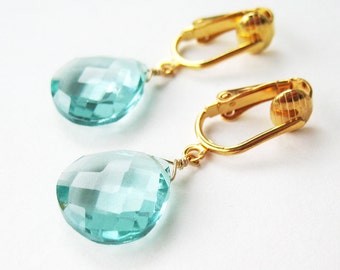 Pale Aqua Faceted Drop Clip On Earrings, Light Blue Teardrop Dangle Stones, Watery Blue Earrings for Non Pierced Ears, Morris Modern Gold