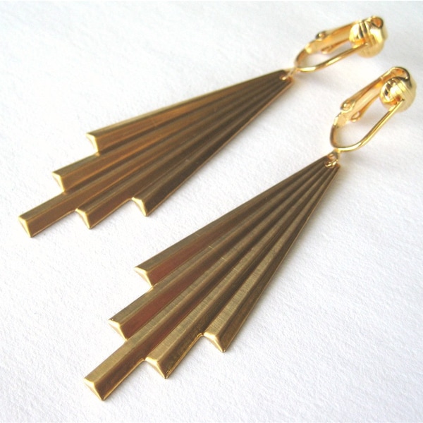 Art Deco Clip On Earrings, Gold Ear Clips, Brass Comet Tails, Folded Metal Clipons, Long Dangle Earrings, Metallic