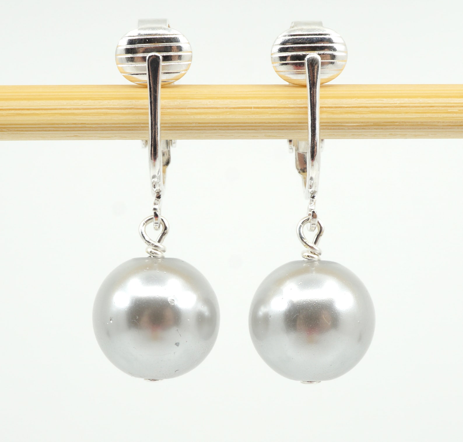 Silver Ball Clip on Earrings Round Gray Pearl Dangle Clipons Etsy