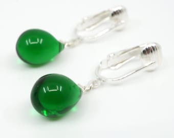 Emerald Green Drop Clip On Earrings, Forest Green Glass Teardrop Silver Clipons for Non Pierced Ears
