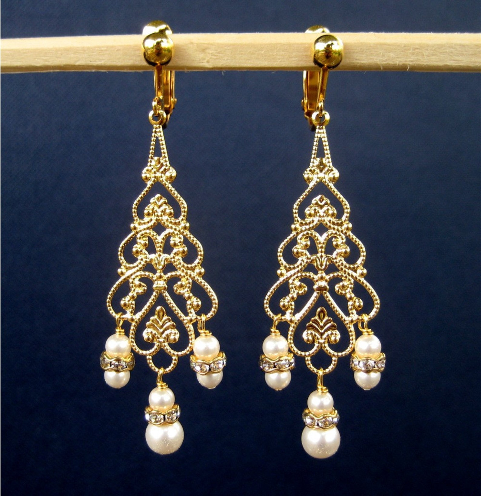 Bridal Chandelier Clip on Earrings Gold Screw Back Clipons Etsy