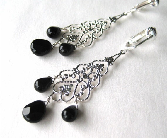 Black Silver Chandelier Clip On Earrings Teardrops Image 0