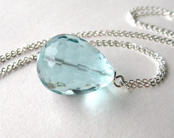 Light Blue Pendant Necklace, Silver Chain Necklace, Aqua Quartz Pear Teardrop Pendant, 18 Inch, Handmade, Blue Pear