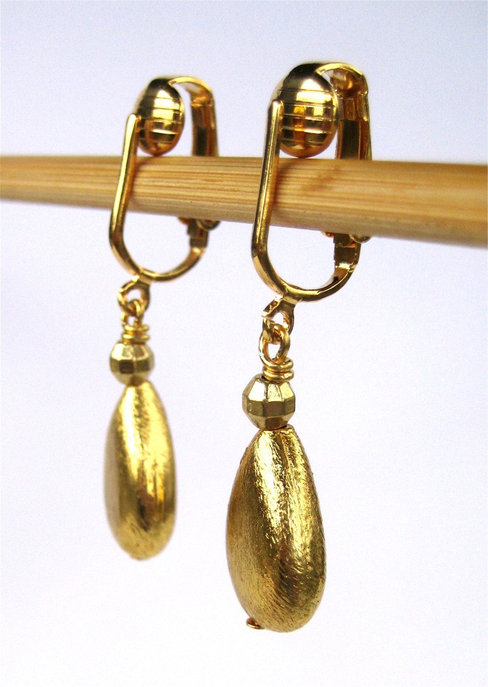Brushed Gold Teardrop Clip on Earrings Gold Teardrop Clipons Etsy