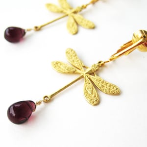 Dragonfly Clip On Earrings: Purple Glass, Gold Brass Dangle Clipons