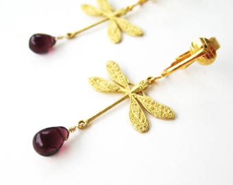 Dragonfly Clip on Earrings, Dark Purple Glass Teardrops, Gold Ear Clips, Brass Insect Non Pierced Earrings, Dangle Clipons, Lightweight