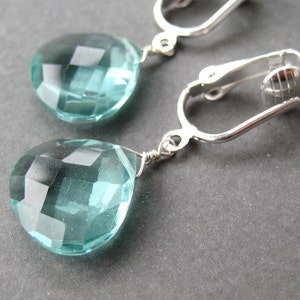 Aqua Teardrop Clip On Earrings: Silver Faceted Dangle Drop, Morris Modern