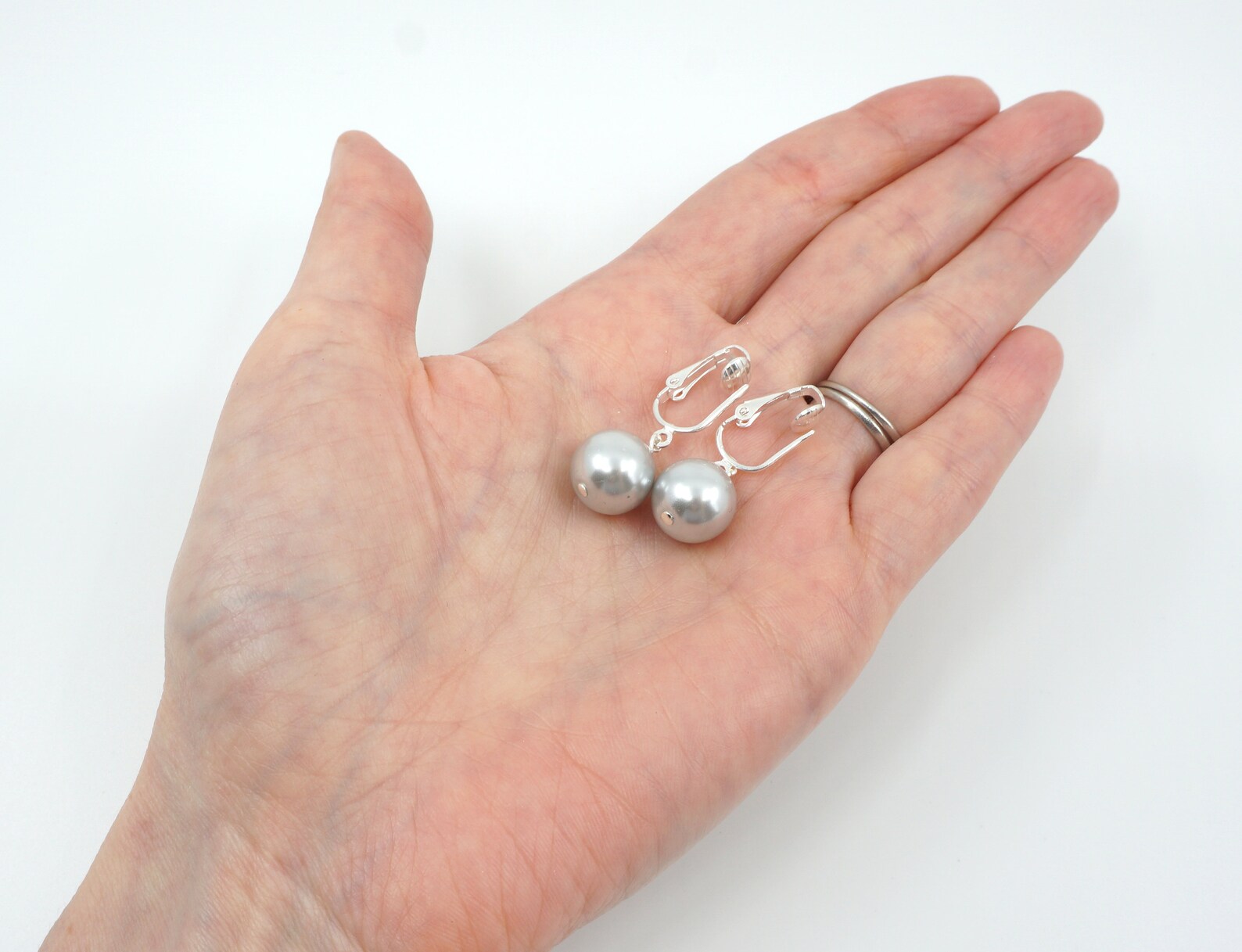 Silver Ball Clip on Earrings Round Gray Pearl Dangle Clipons Etsy