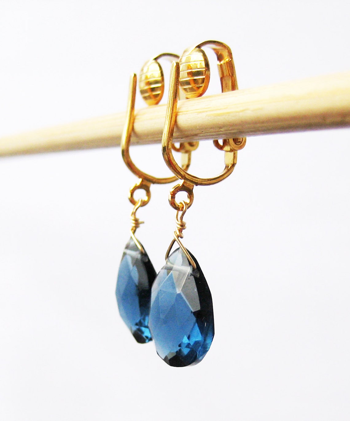 Dark Blue Stone Clip On Earrings Gold Ear Clips Faceted Etsy