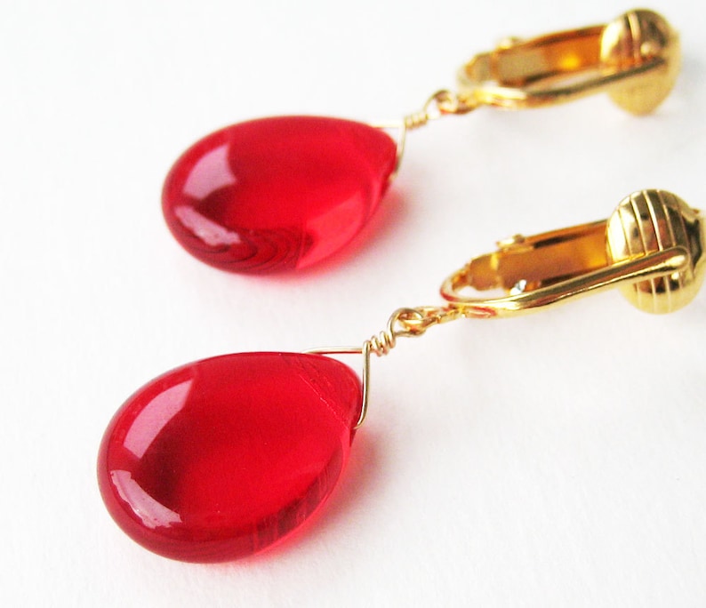 Bright Red Teardrop Clip on Earrings Cherry Red Glass Etsy