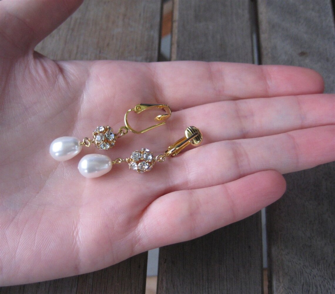 Gold Bridal Clip on Earrings White Pearl Teardrop Clipons Etsy