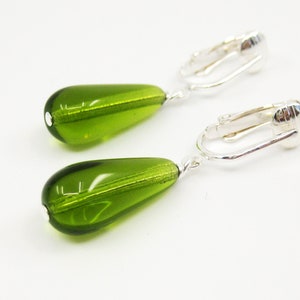 Olive Green Glass Teardrop Clip On Earrings, Silver Plated, Livy