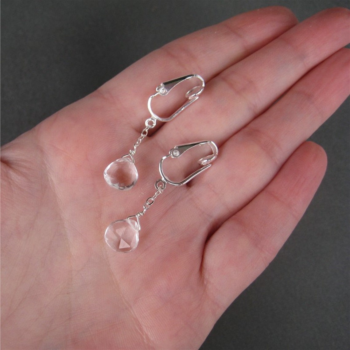 Clear Quartz Clip on Earrings Silver Dangle Clipons Clear Etsy
