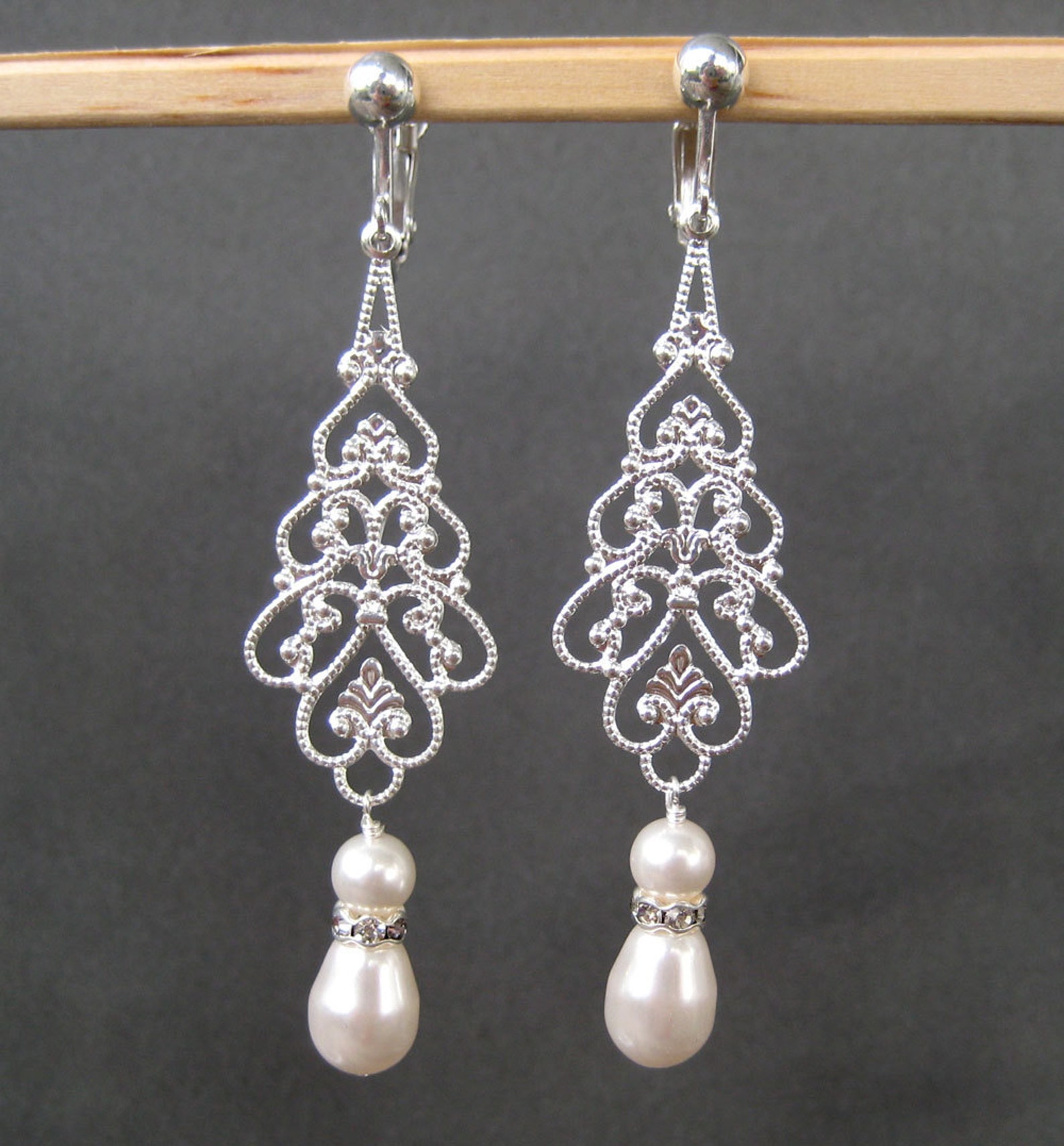 Silver Bridal Clip-on Earrings Long Pearl Rhinestone Clipons | Etsy