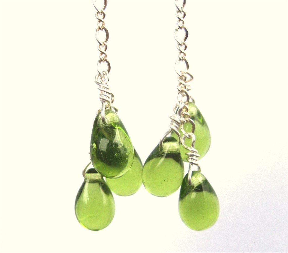 Green Teardrop Earrings Silver Earrings Olive Green Glass Etsy