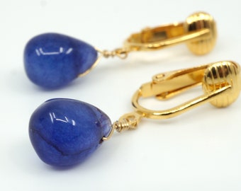 Small Blue Jade Drop Clip-on Earrings, Gold Ear Clips for Non Pierced Ears, Handmade, Bluebell