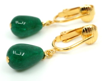 Emerald Green Jade Drop Clip-on Earrings, Gold Ear Clip-ons For Non Pierced Ears, Leaf Bud