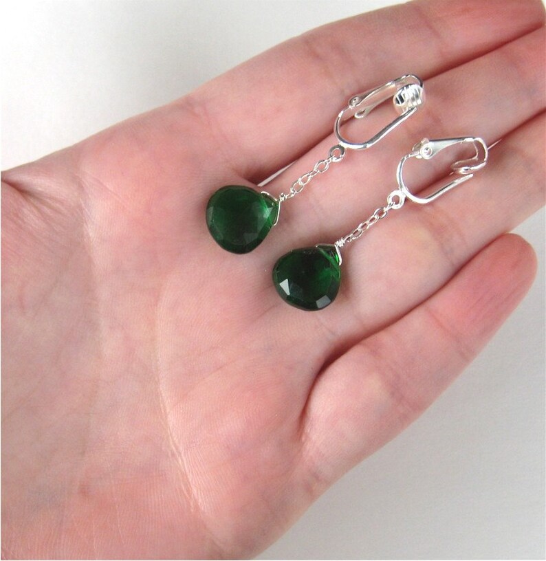 Emerald Green Teardrop Earrings Silver Dangle Clipon Etsy
