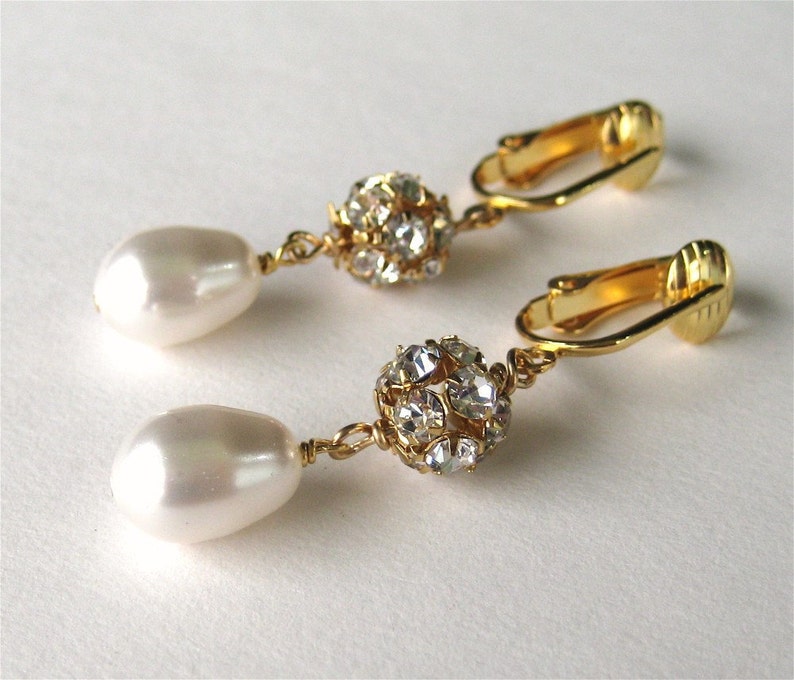 Gold Bridal Clip on Earrings White Pearl Teardrop Clipons Etsy