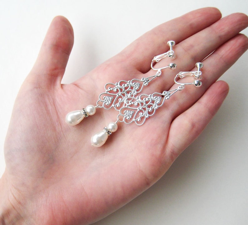 Silver Bridal Clipon Earrings Long Pearl Rhinestone Clipons Etsy