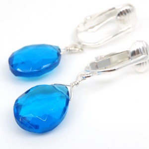 Aqua Teardrop Clip-on Earrings: Silver Azure Blue Drop Clipons, Erica