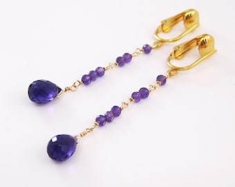 Long Amethyst and Quartz Clip On Earrings, Delicate Dangle Gold and Purple Clipons, February Birthstone Jewelry for Non Pierced Ears, Royden