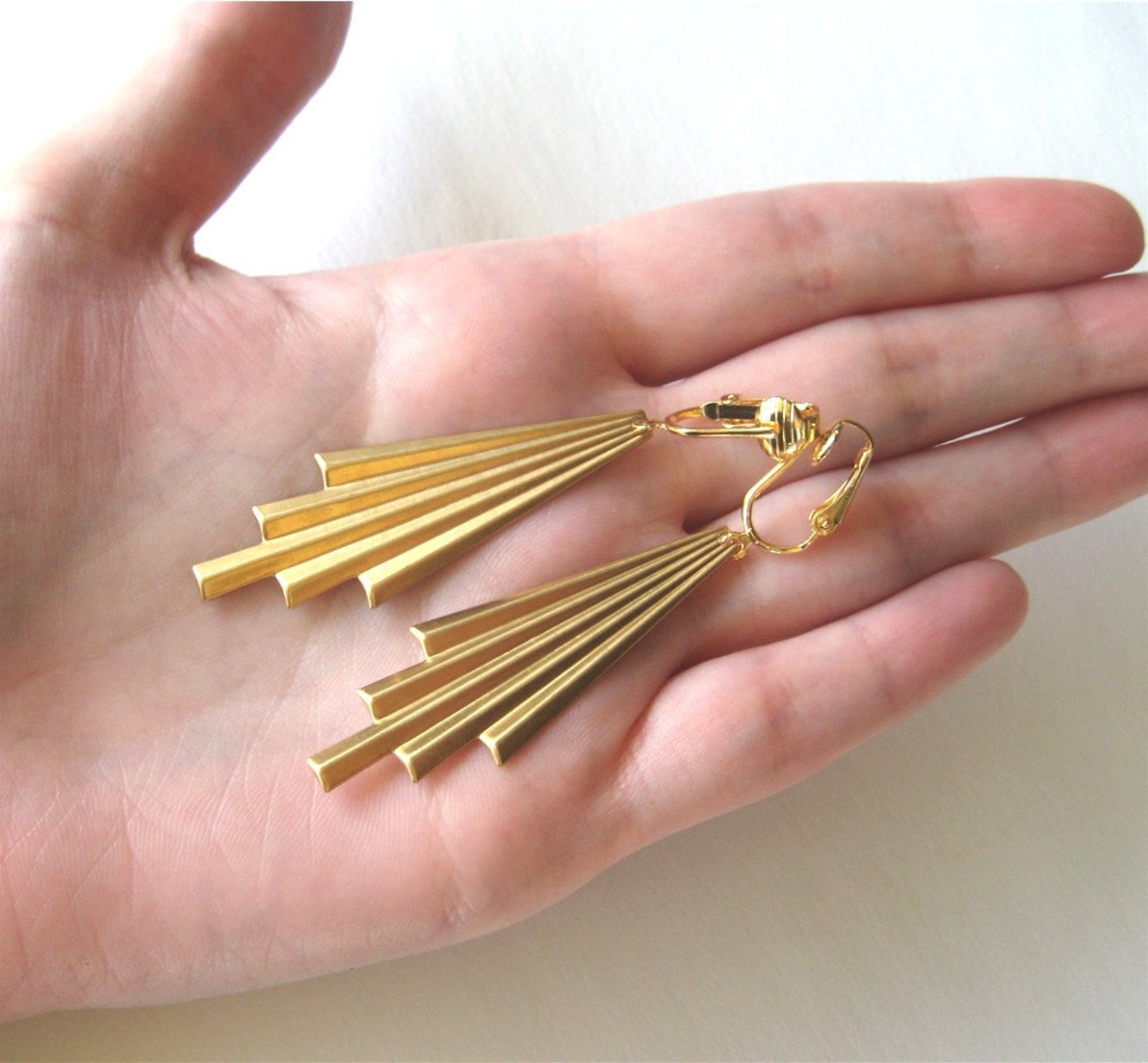 Art Deco Clip on Earrings Gold Ear Clips Brass Comet Tails Etsy