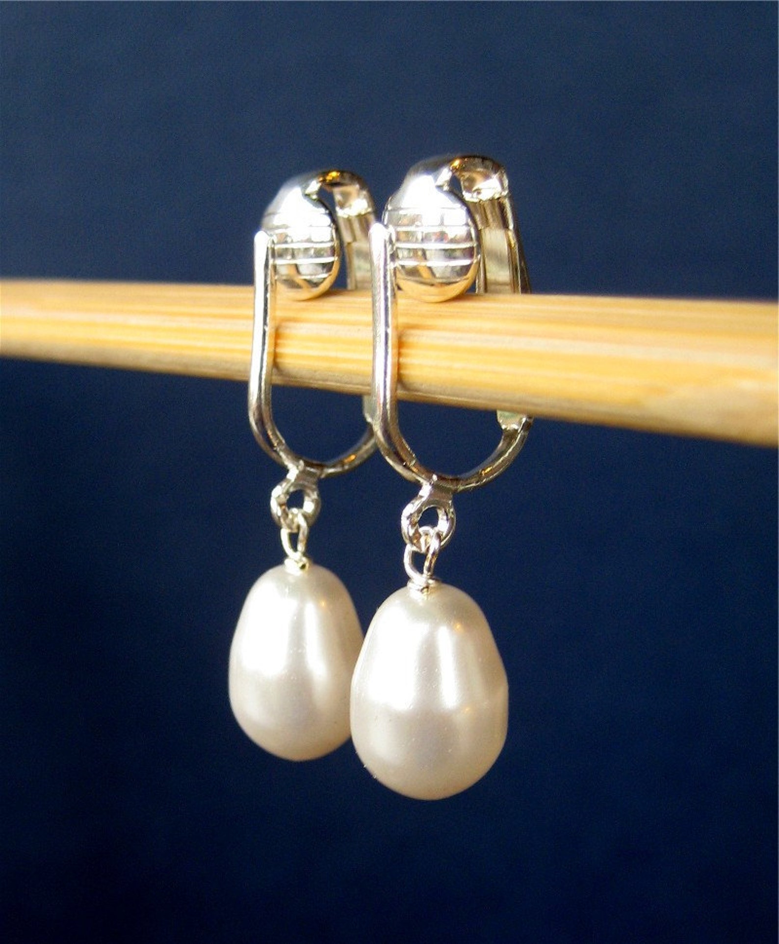 White Pearl Teardrop Clip On Earrings Silver Ear Clips Plump | Etsy