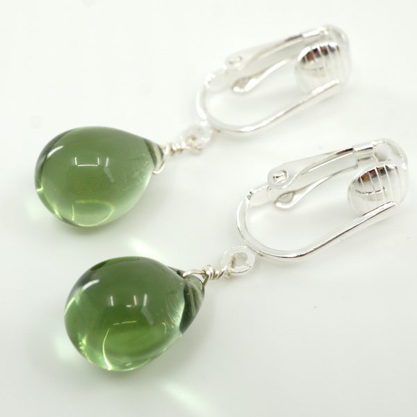 Sage Green Glass Teardrop Clip-on Earrings, Pale Green Drop Dangle Earrings for Non Pierced Ears, Silver Ear Clips, Sauge