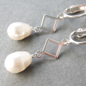 Teardrop Pearl Clip-on Earrings: Silver Diamond Frame, Lightweight, Letty