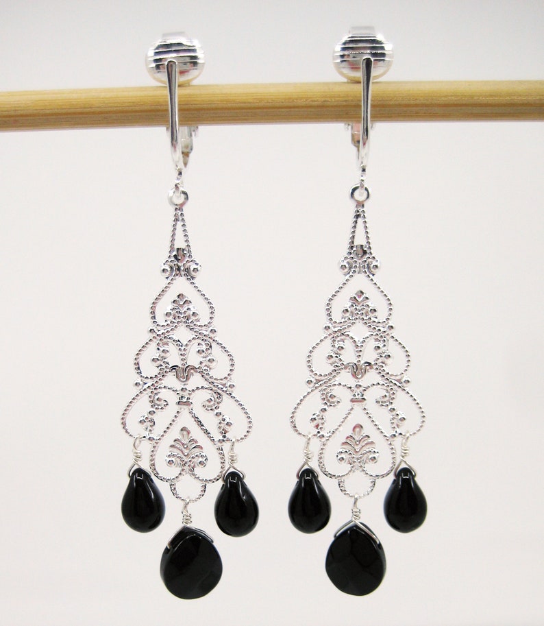 Black and Silver Chandelier Clip-on Earrings Black Teardrops - Etsy