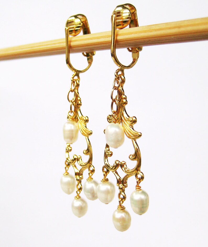 Pearl Chandelier Clip on Earrings Gold Ear Clips White Etsy