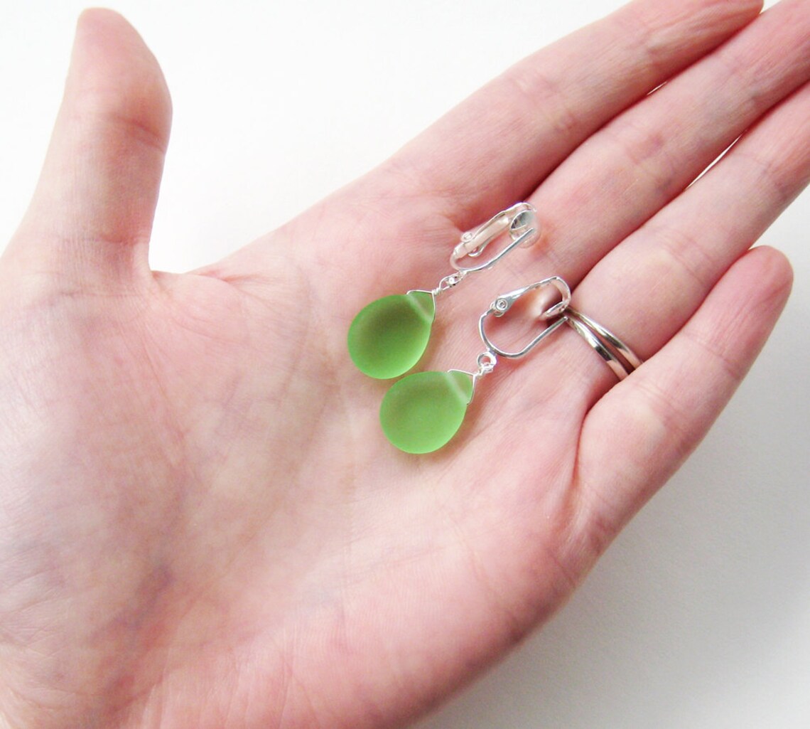 Frosted Green Teardrop Clip on Earrings Matte Light Green Etsy