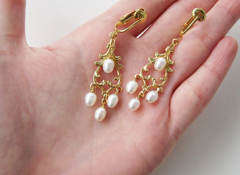 Pearl Chandelier Clip on Earrings Gold Ear Clips White Etsy