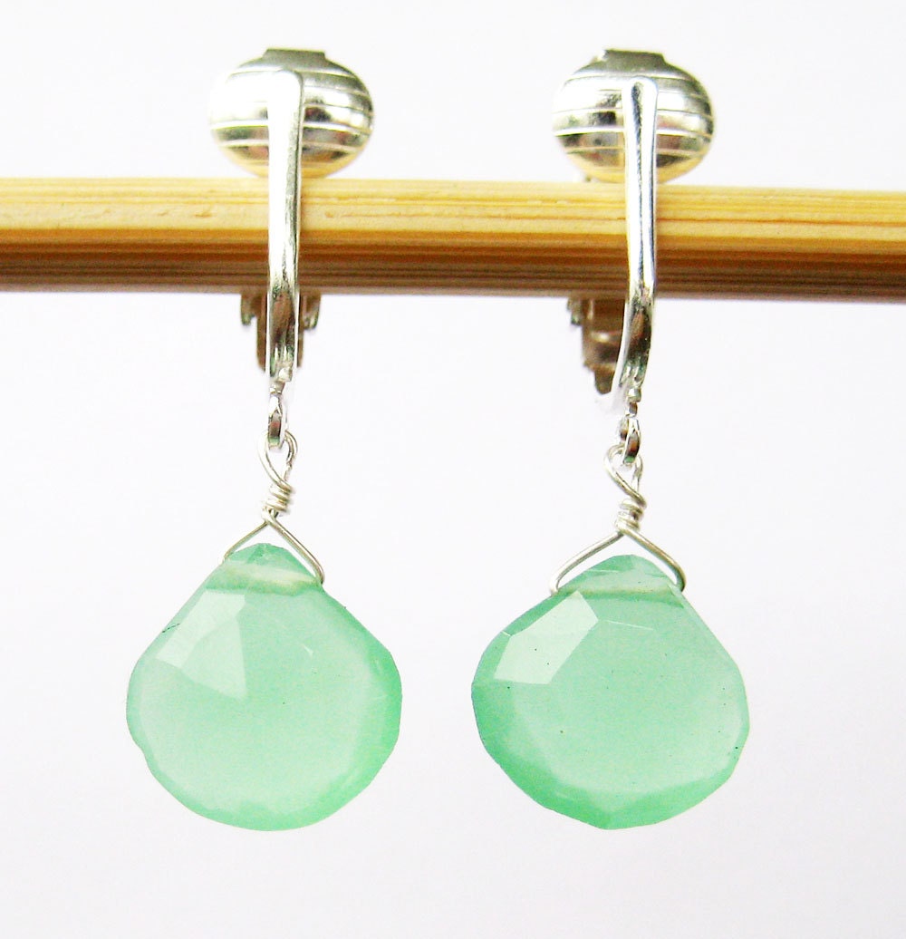 Seafoam Green Teardrop Clip on Earrings Silver Ear Clips Etsy