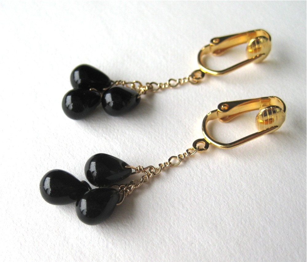 Black Teardrop Clip on Earrings Gold Clipons Black Glass - Etsy