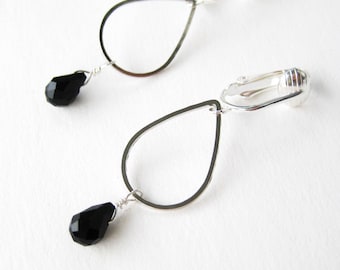 Black and Silver Drop Clip-on Earrings, Black Glass Faceted Teardrop Dangle Clipons, Lightweight Non Pierced Earrings, Modern Drop Black