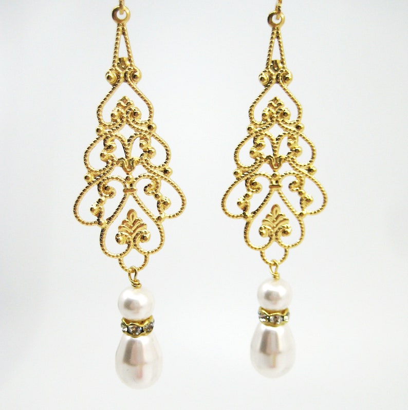 Long Dangle Gold Bridal Clip on Earrings Gold Filigree Teardrop White Crystal Pearl Rhinestone Clip Earrings For Non Pierced Ears Alana Gold