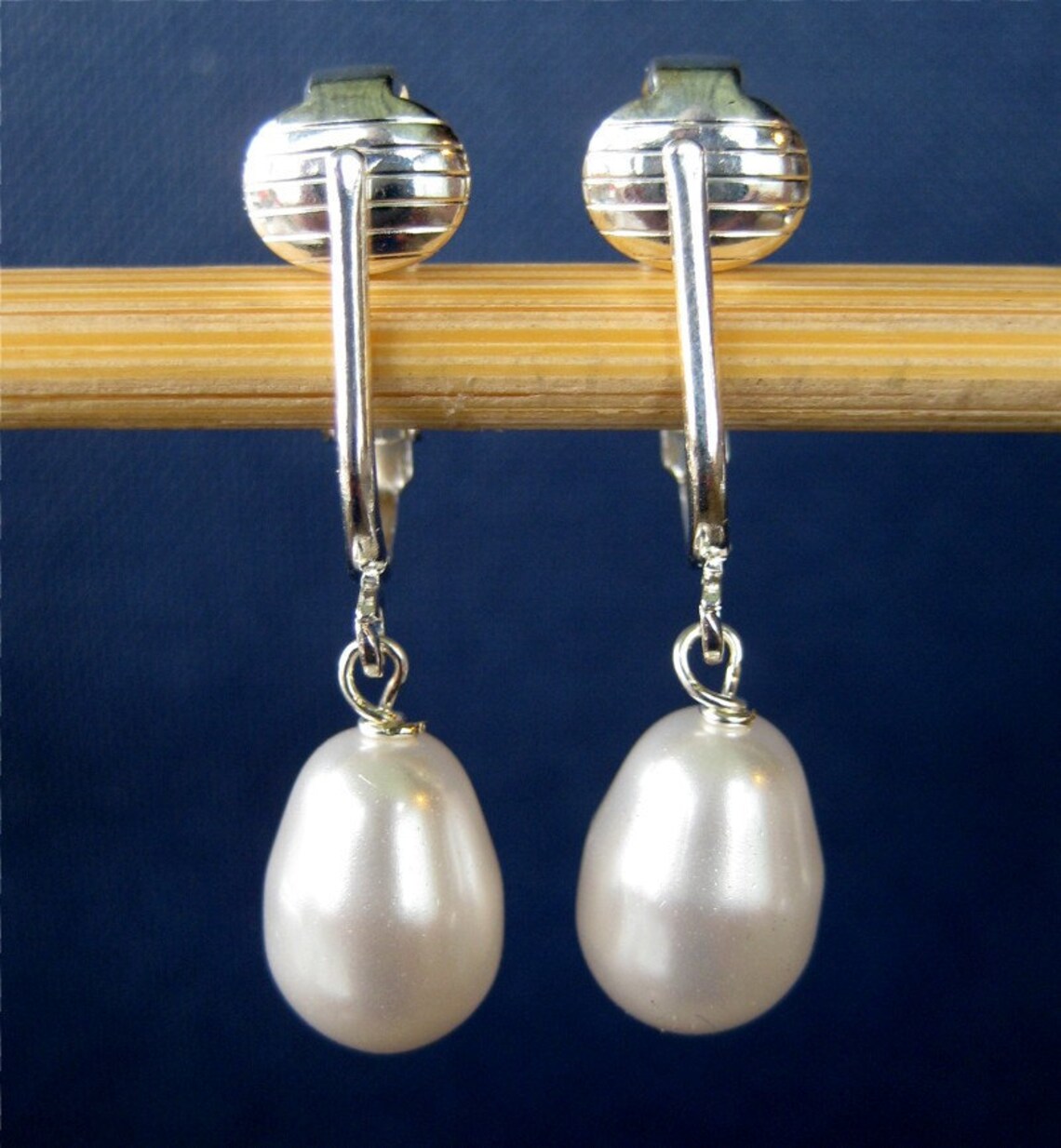 White Pearl Teardrop Clip On Earrings Silver Ear Clips Plump Etsy