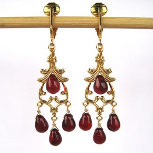 Garnet Red Chandelier Clip On Earrings, Gold Ear Clips, Dark Red Glass Drop Dangle Clipons, Burgundy Teardrops, Handmade, Delhi image 4