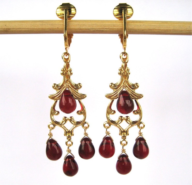 Garnet Red Chandelier Clip On Earrings, Gold Ear Clips, Dark Red Glass Drop Dangle Clipons, Burgundy Teardrops, Handmade, Delhi image 4