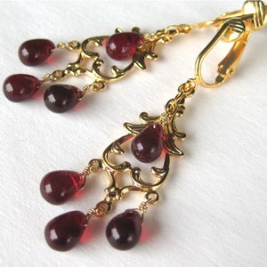 Garnet Red Chandelier Clip On Earrings, Gold Ear Clips, Dark Red Glass Drop Dangle Clipons, Burgundy Teardrops, Handmade, Delhi image 3