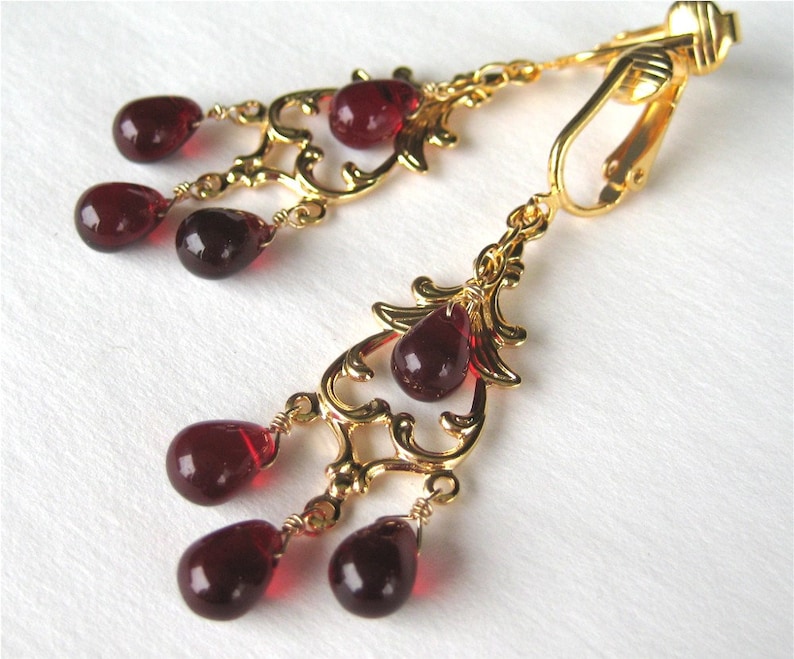 Garnet Red Chandelier Clip On Earrings, Gold Ear Clips, Dark Red Glass Drop Dangle Clipons, Burgundy Teardrops, Handmade, Delhi image 3