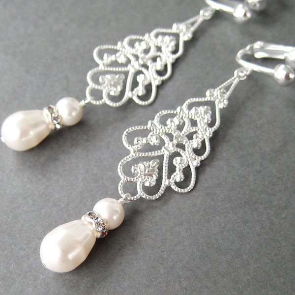 Silver Bridal Clip-on Earrings: Pearl Rhinestone Filigree Teardrop, Alana