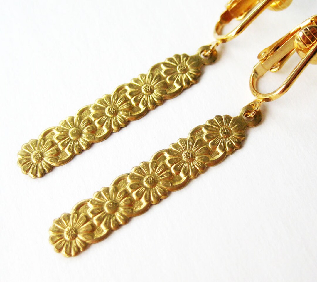 Gold Daisy Clip on Earrings, Brass Flower Column Clip Earrings, Gold Ear Clips, Floral Dangle ...