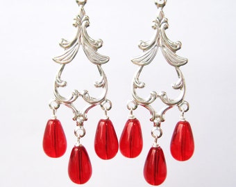 Red Chandelier Clip-on Earrings, Bright Red Glass Teardrop Clip Earings, Silver Ear Clips, Candy Apple Red Dangles for Non Pierced Ears, Ava